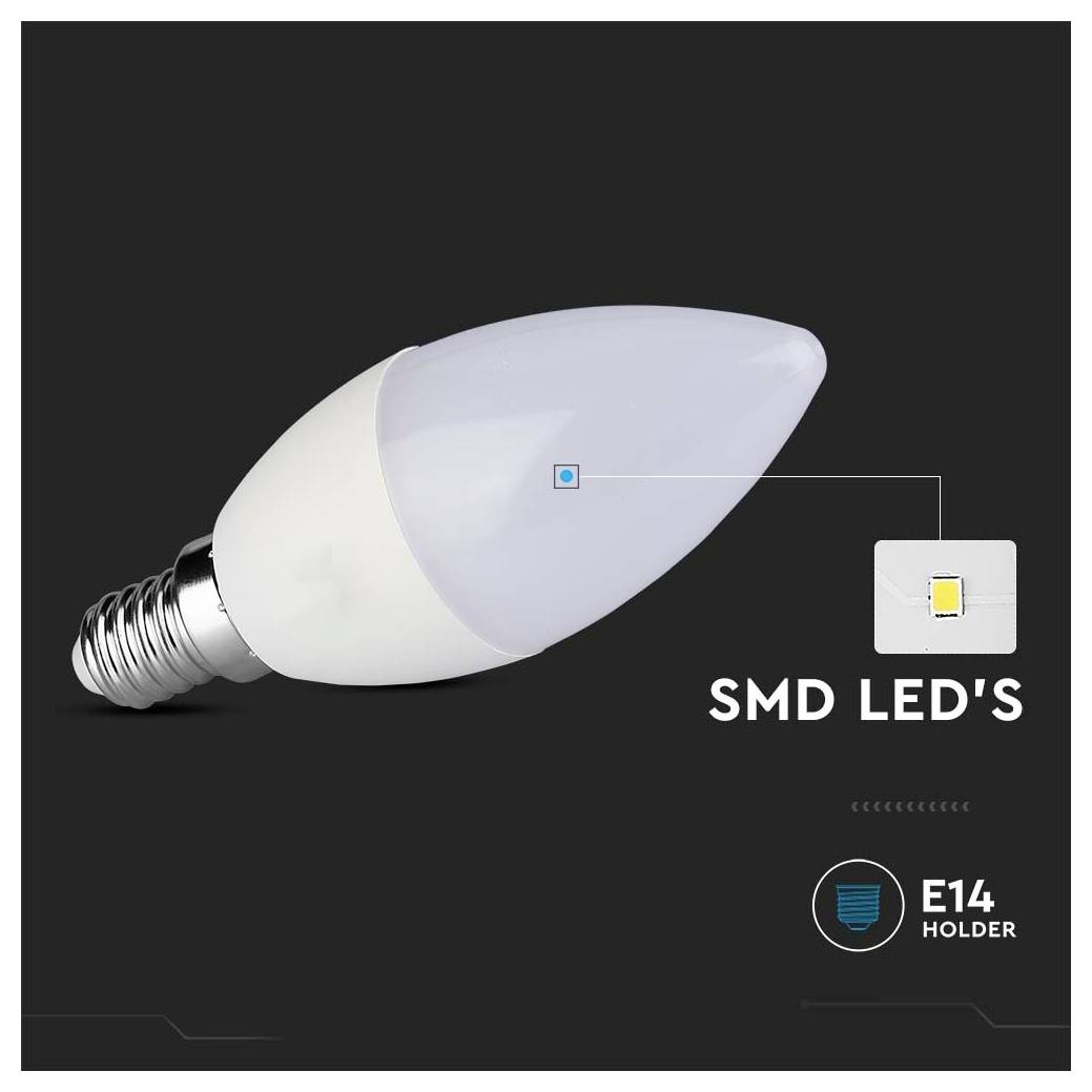 Eine kerzenförmige LED-Lampe mit 'SMD LEDs' und 'E14 Sockel' Text, der ihre Merkmale auf einem dunklen Hintergrund hervorhebt.