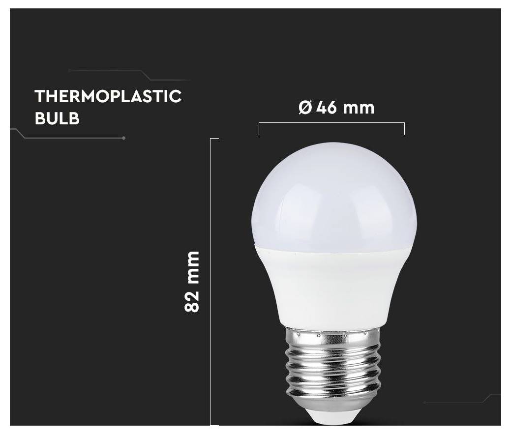 Thermoplastische Glühbirne, 82 mm Höhe, 46 mm Durchmesser.