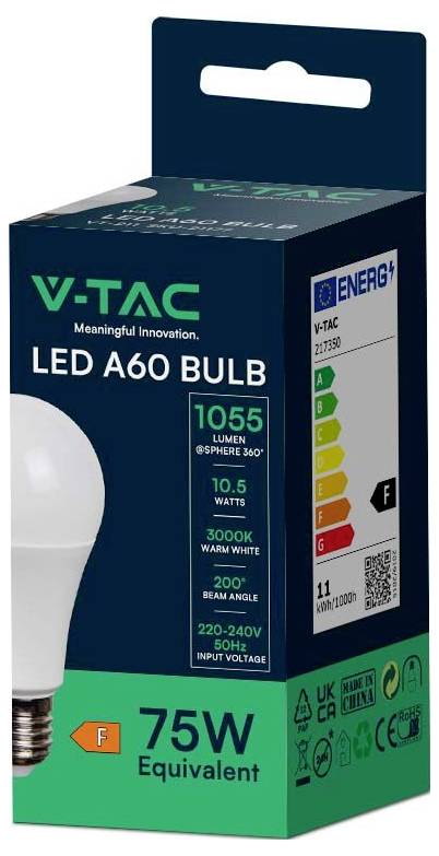 'V-TAC LED A60 Glühbirne' Verpackung zeigt 75W Äquivalent, 1055 Lumen, 3000K warmweiß, Energieeffizienzklasse F, für 220-240V Eingangsspannung.