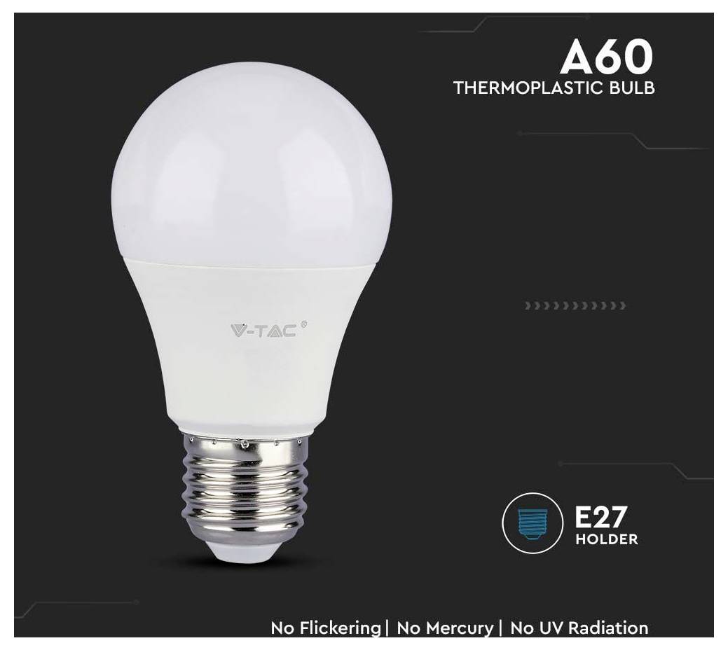 Bild einer V-TAC A60 thermoplastischen LED-Lampe mit E27-Sockel. Texthervorhebungen: Kein Flimmern, kein Quecksilber und keine UV-Strahlung.