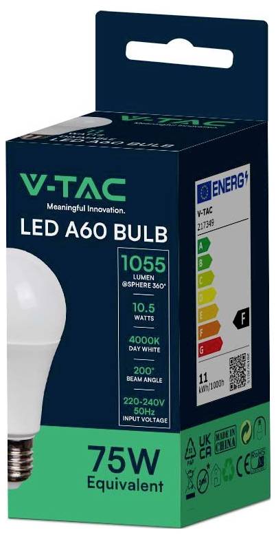 Verpackung der V-TAC LED A60 Lampe mit Energieeffizienzklasse 'F', 1055 Lumen, 10,5 Watt, 4000K Lichtfarbe, 220-240V Eingangsspannung, 75W Äquivalent.