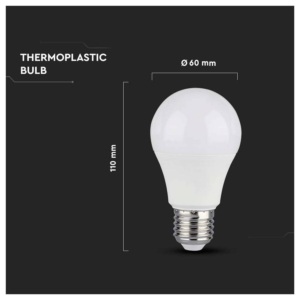 Thermoplastische Glühbirne, Abmessungen: 110 mm Höhe, 60 mm Durchmesser, auf schwarzem Hintergrund dargestellt.