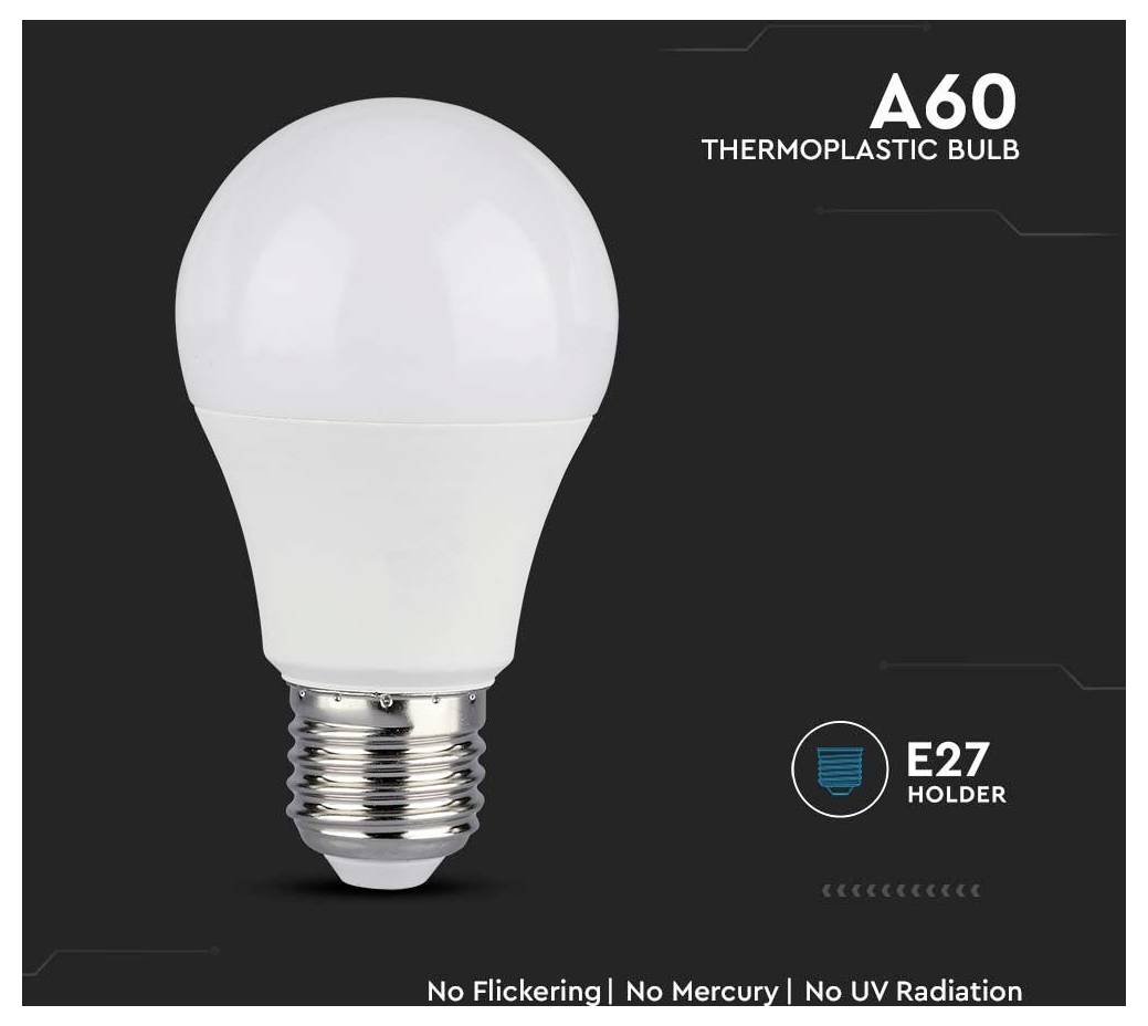 'A60 Thermoplastische Glühbirne' mit E27-Sockel, beworben mit den Eigenschaften 'Kein Flimmern | Kein Quecksilber | Keine UV-Strahlung'