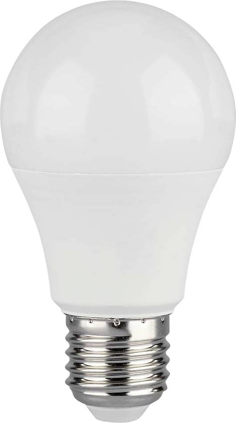 Eine LED-Glühbirne mit weißer matter Kuppel und metallischer Basis, konzipiert für standard Wohn- und Gewerbebeleuchtungsfassungen.