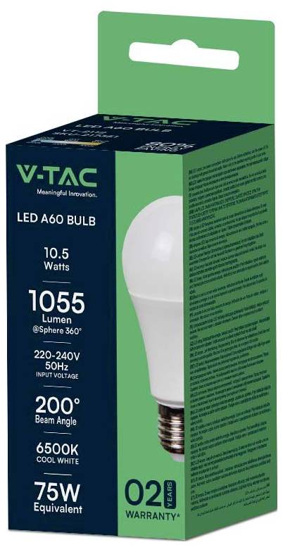 LED A60 Glühbirne<br>10,5 Watt<br>1055 Lumen<br>220-240V<br>Abstrahlwinkel 200°<br>6500K Kaltweiß<br>Ersatz für 75W Glühbirne<br>2 Jahre Garantie