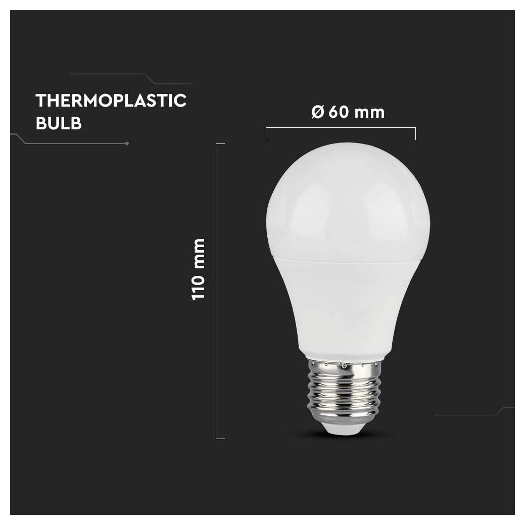 Thermoplastische Glühbirne mit einer Höhe von 110 mm und einem Durchmesser von 60 mm auf dunklem Hintergrund.
