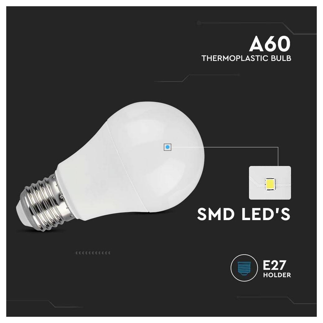 Darstellung einer A60-Thermoplastglühbirne mit SMD-LEDs und E27-Sockel, die ihre Komponenten und Merkmale vor einem dunklen Hintergrund hervorhebt.