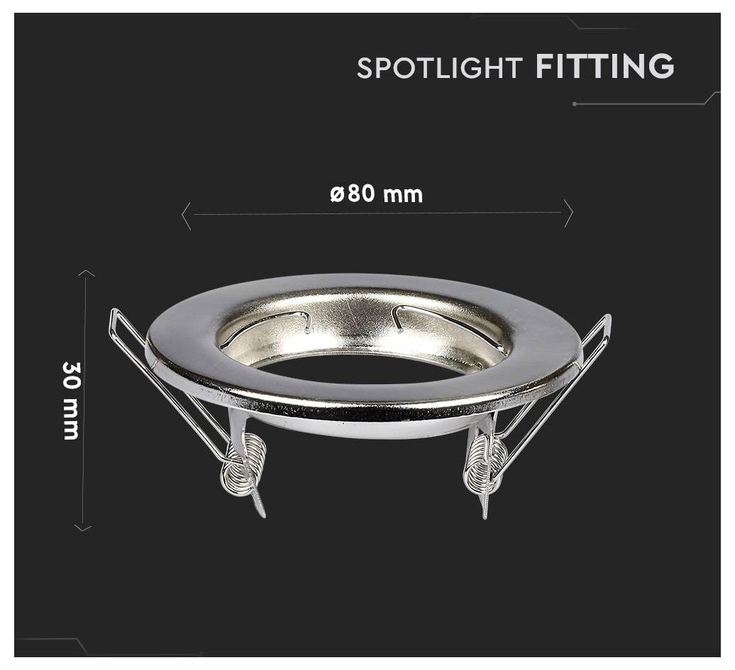 Strahler mit Abmessungen, der eine runde, metallische Leuchte zeigt: Durchmesser 80 mm, Höhe 30 mm, vor einem dunklen Hintergrund.