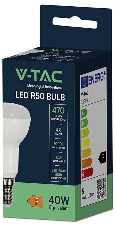 V-TAC LED R50 Birne Verpackung; 40W Äquivalent, 470 Lumen, 3000K, Energieeffizienzklasse F.