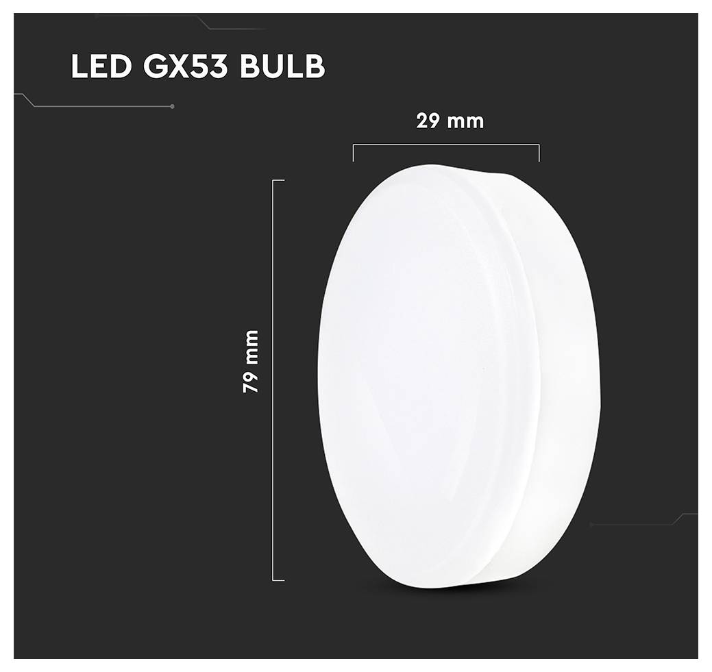 LED GX53 Leuchtmittel mit Abmessungen: Höhe 79 mm, Breite 29 mm.