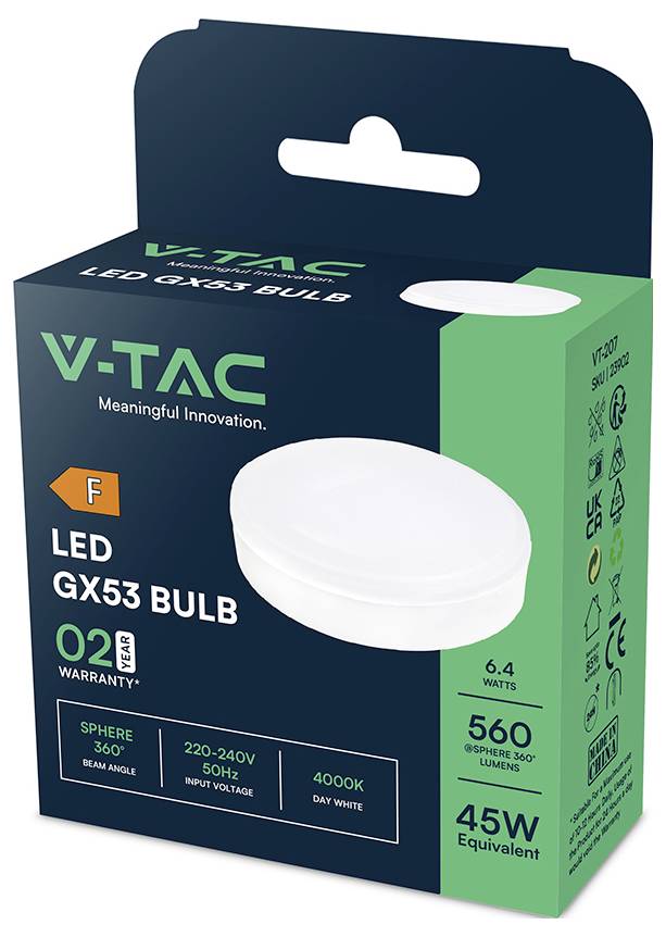 V-TAC LED GX53 Leuchtmittel Verpackung zeigt Birnenform, Energieeffizienzklasse F, 6,4 Watt, 560 Lumen, 4000K Tageslicht, 45W Äquivalent, 3 Jahre Garantie.