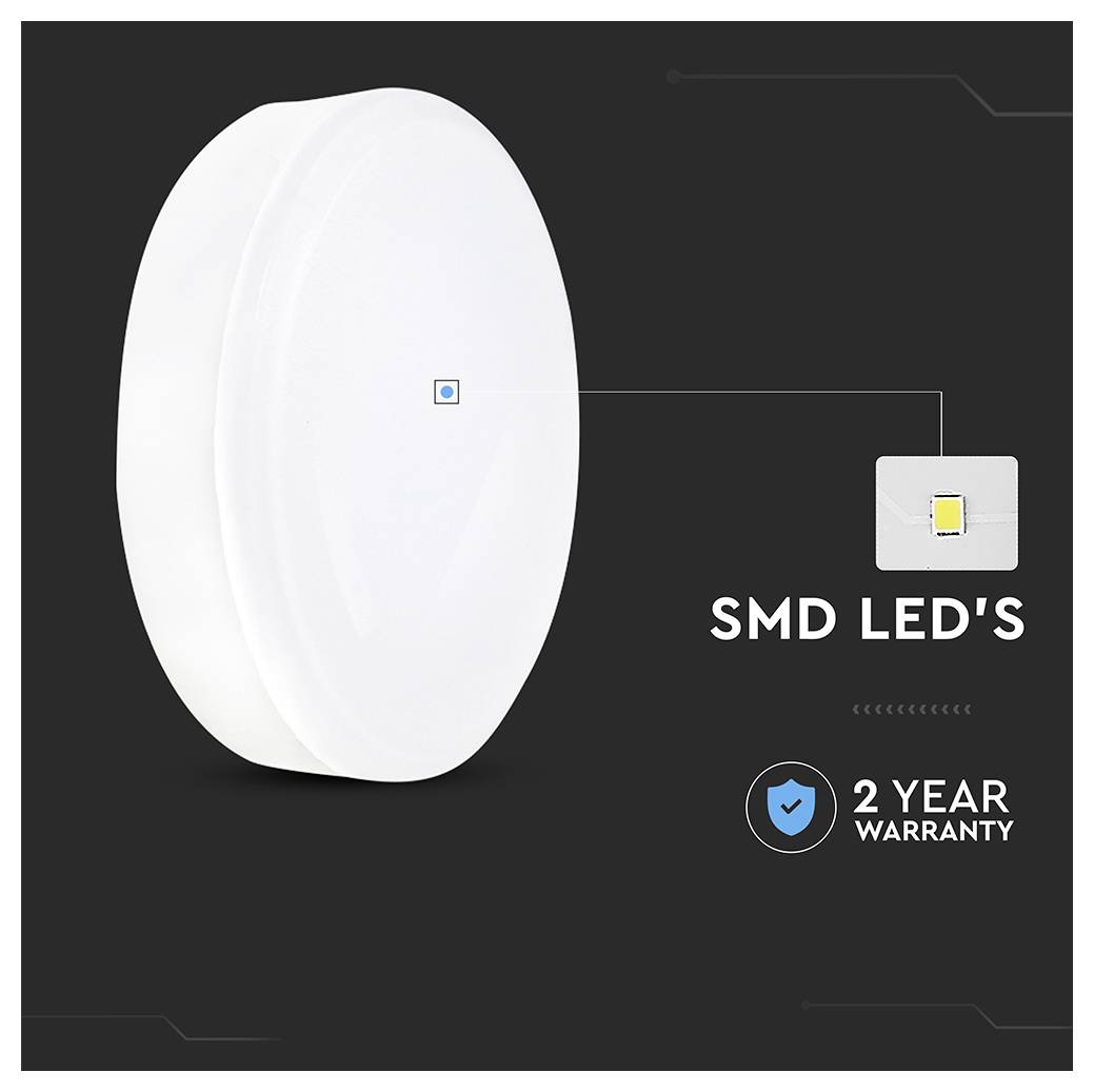 Weißes kreisförmiges LED-Licht mit 'SMD LED's'-Beschriftung, das integrierte LED-Technologie präsentiert und ein '2 Jahre Garantie'-Symbol auf einem dunklen Hintergrund zeigt.