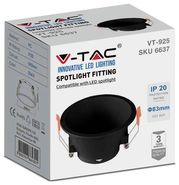 Verpackungskarton für eine LED-Scheinwerferarmatur der Marke 'V-TAC', auf dem ein Produktbild, technische Spezifikationen und Markendetails wie IP-Schutzart und Abmessungen abgebildet sind.