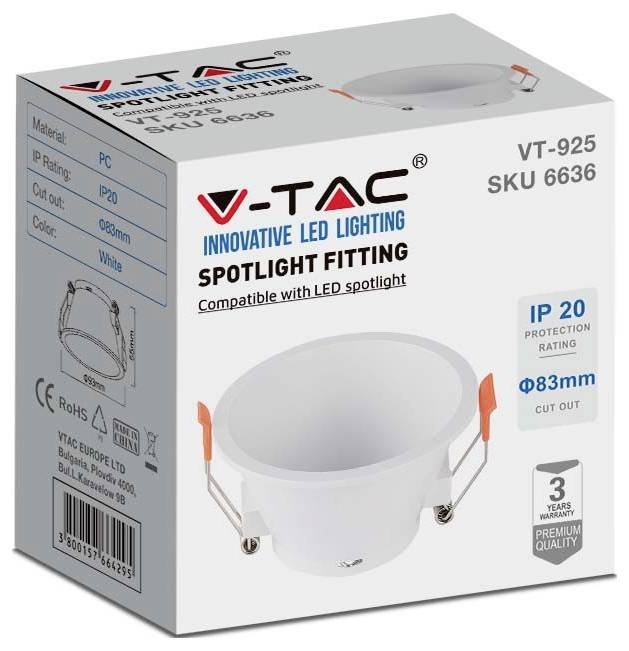 V-TAC Innovative LED-Beleuchtungseinbaustrahler, VT-925 Art.-Nr. 6636. Kompatibel mit LED-Strahler. IP-20-Schutzart, Ø83mm Ausschnitt.