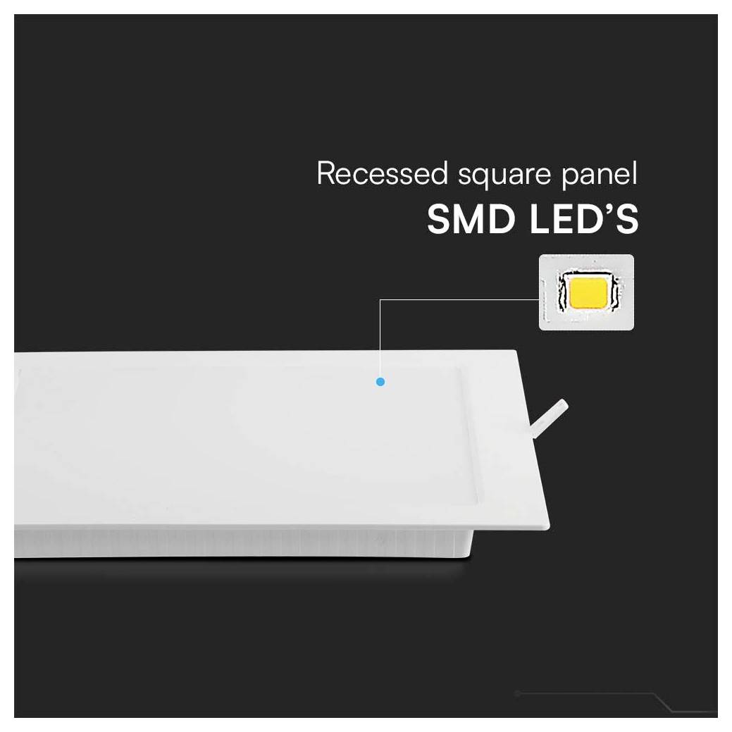 Eingelassenes quadratisches Panel mit SMD-LEDs hervorgehoben; Text liest sich 