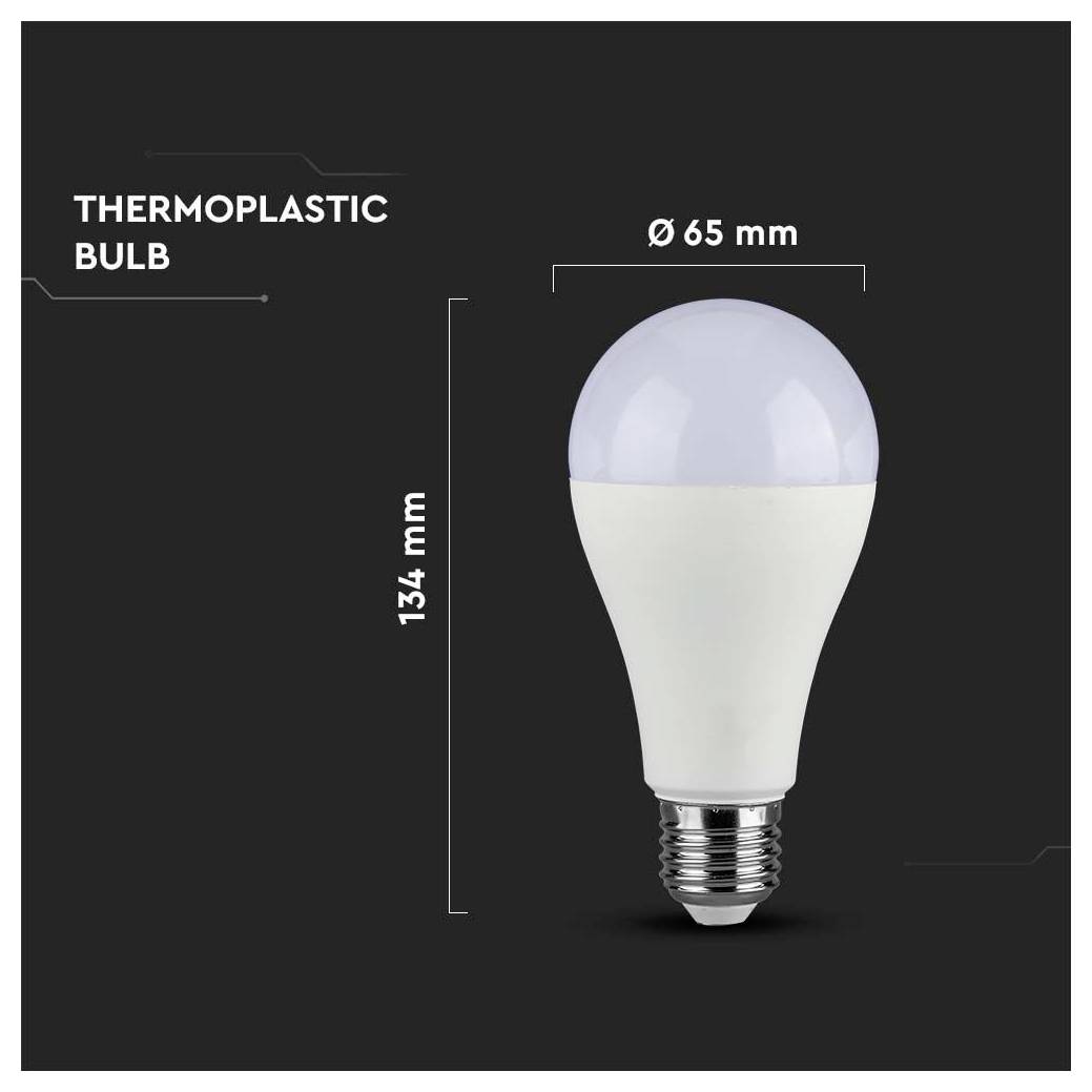 Eine weiße thermoplastische Glühbirne mit einer Höhe von 134 mm und einem Durchmesser von 65 mm vor einem dunklen Hintergrund mit beschrifteten Maßangaben.
