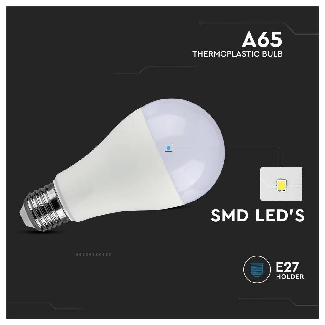A65 Thermoplastik-Glühbirne mit E27-Fassung, die ein SMD-LED-Design präsentiert.