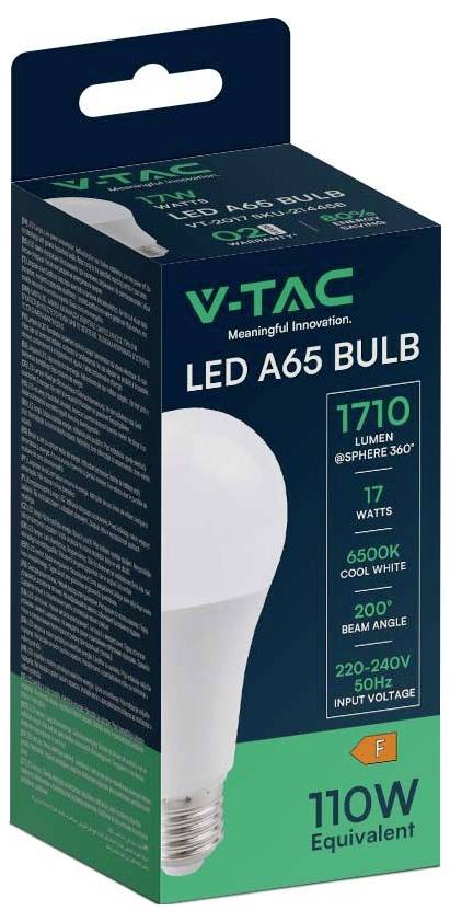 Das Bild zeigt eine Verpackung einer V-TAC LED A65 Glühbirne. Sie verfügt über 1710 Lumen, 17 Watt, kaltweißes Licht mit 6500K und ist gleichwertig zu 110W.