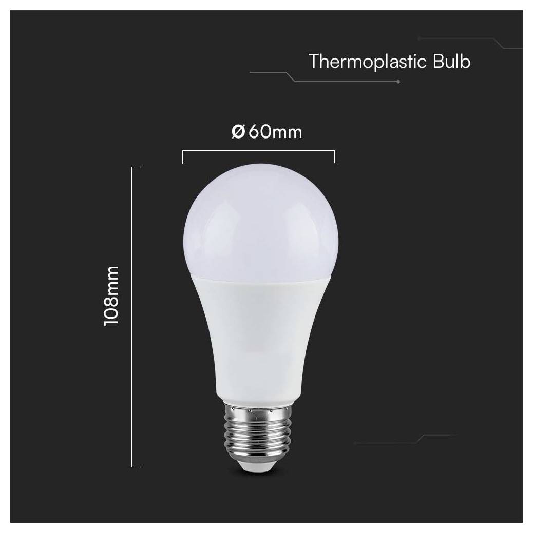LED-Glühbirne mit der Bezeichnung "Thermoplastische Glühbirne", Abmessungen: Höhe 108 mm, Durchmesser 60 mm, vor einem schwarzen Hintergrund.