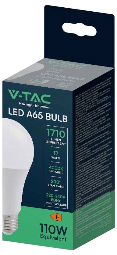 V-TAC LED A65 Glühbirne mit 1710 Lumen, 17 Watt, 4000K Tageslicht, 200° Abstrahlwinkel, 220-240V, 50Hz, 110W Äquivalent.