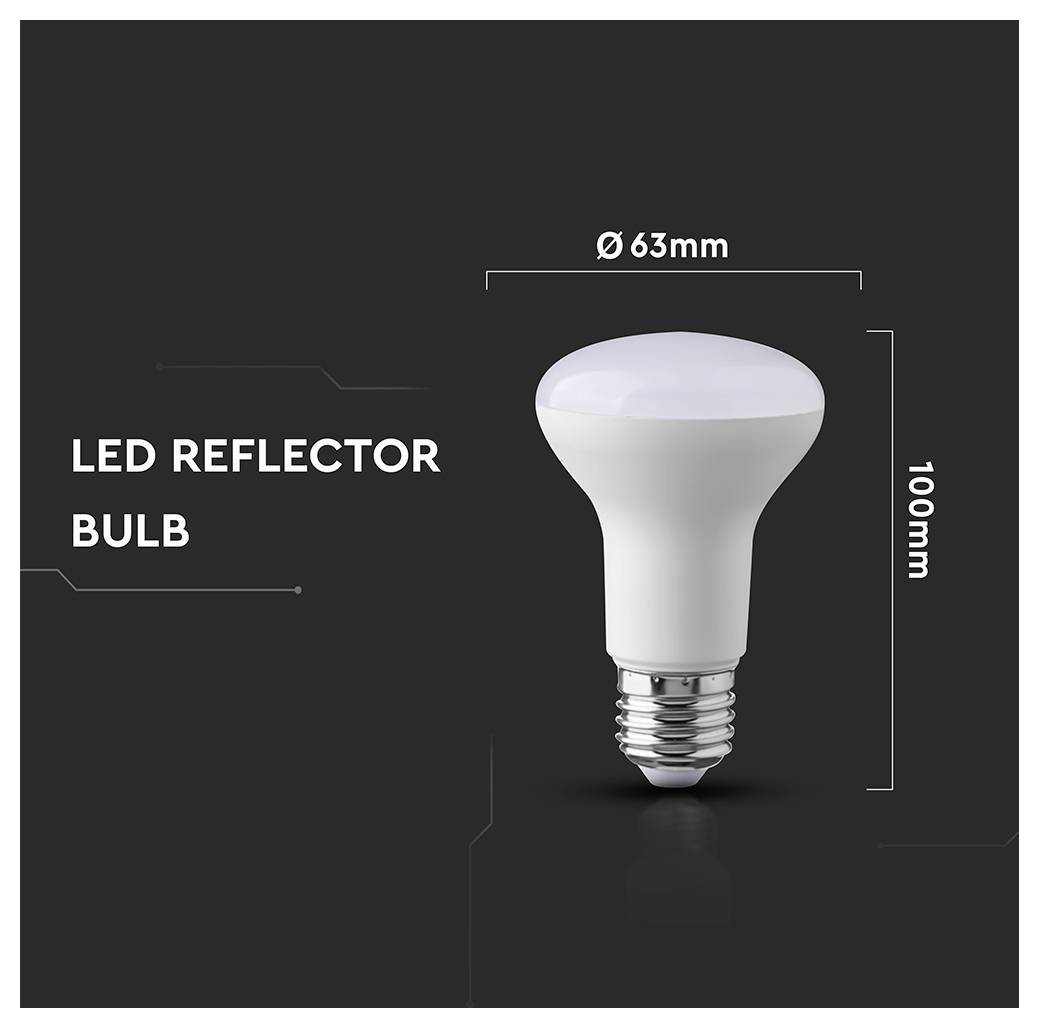 LED-Reflektorlampe mit Abmessungen: 63 mm Breite, 100 mm Höhe. Weiße Lampe auf dunklem Hintergrund.