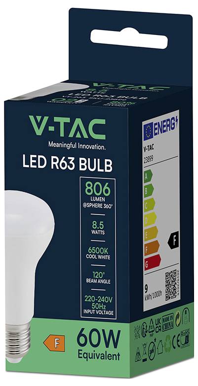 Die Abbildung zeigt eine V-TAC LED R63 Glühbirnenverpackung. Sie weist 806 Lumen, 8,5 Watt, 6500K Kaltweiß und Energielabel F aus, entspricht 60W.