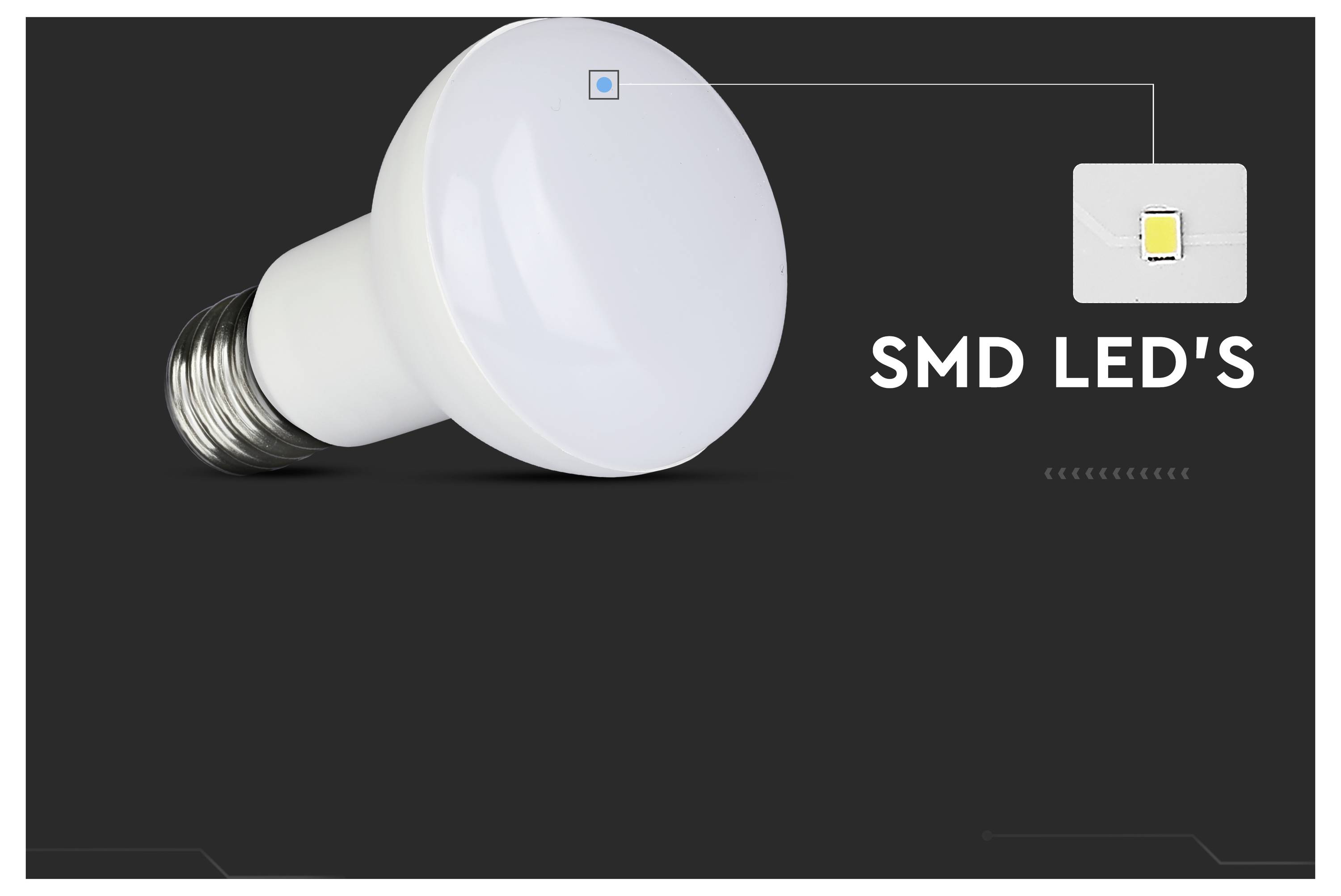 Bild einer Glühbirne mit einer Beschriftung, die SMD-LEDs hervorhebt und die verwendete Lichttechnologie kennzeichnet.