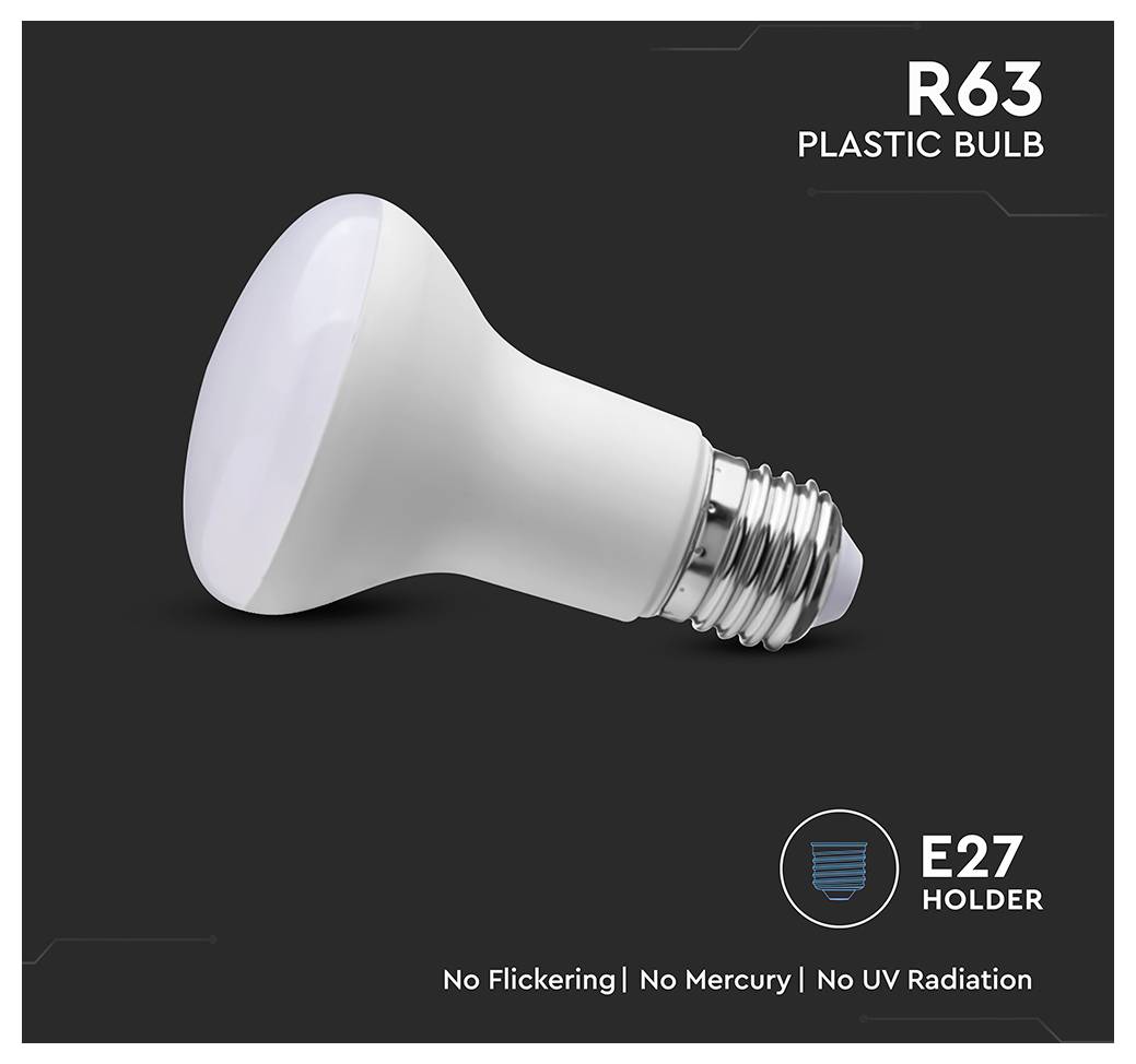 Eine weiße R63 Kunststofflampe mit E27-Sockel wird gezeigt. Text liest sich „Kein Flackern | Kein Quecksilber | Keine UV-Strahlung