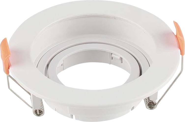 Eine runde, weiße Deckeneinbauleuchte mit orangefarbenen Clips an den Seiten, konzipiert für LED-Lampen, aus der Draufsicht betrachtet.