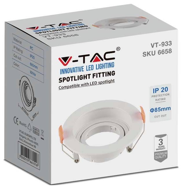 'V-TAC Innovative LED-Beleuchtung', VT-933 Einbaustrahler-Verpackung, hebt Kompatibilität hervor, IP20-Schutzklasse, Ø85mm Ausschnitt, 3 Jahre Garantie.