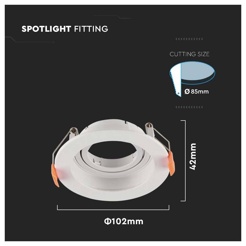 Einbaustrahler mit einem Durchmesser von 102 mm und einer Höhe von 42 mm. Erforderliche Ausschnittgröße ist 85 mm.
