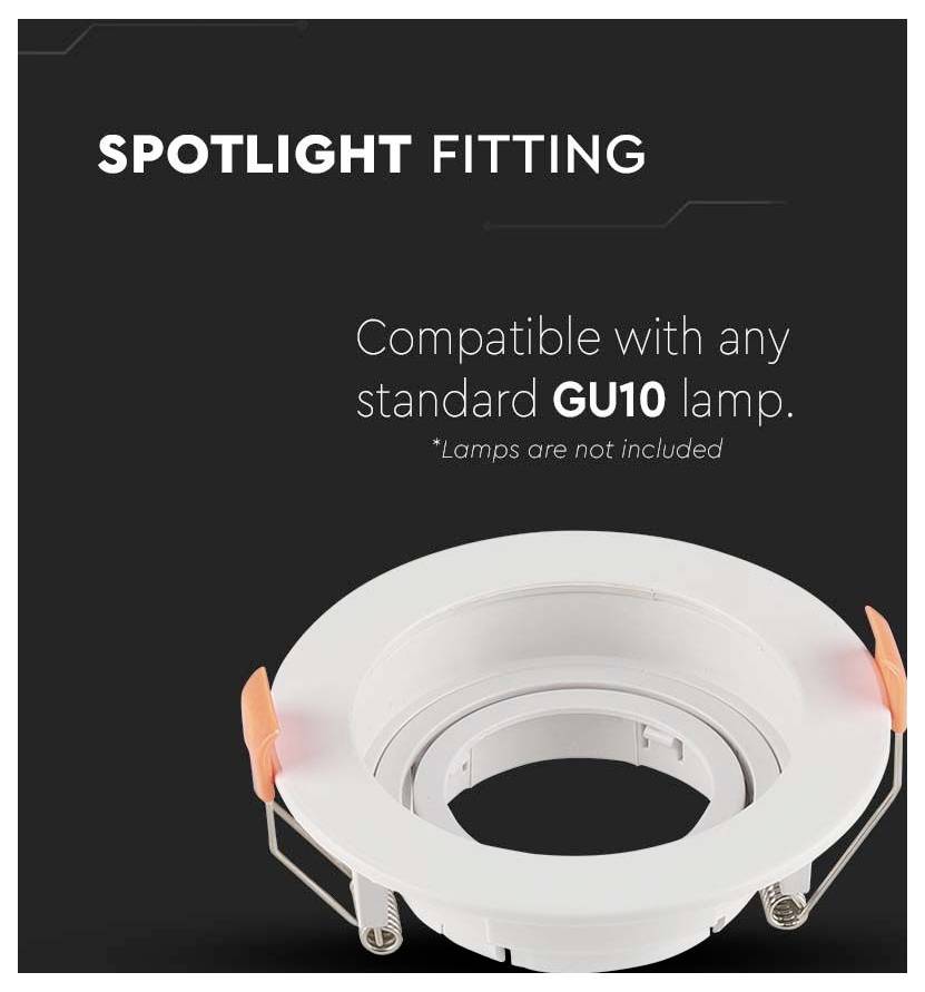 Einbaustrahler: Kompatibel mit allen gängigen GU10-Lampen. *Lampen nicht im Lieferumfang enthalten.' Bild zeigt einen weißen Einbaustrahler vor dunklem Hintergrund.