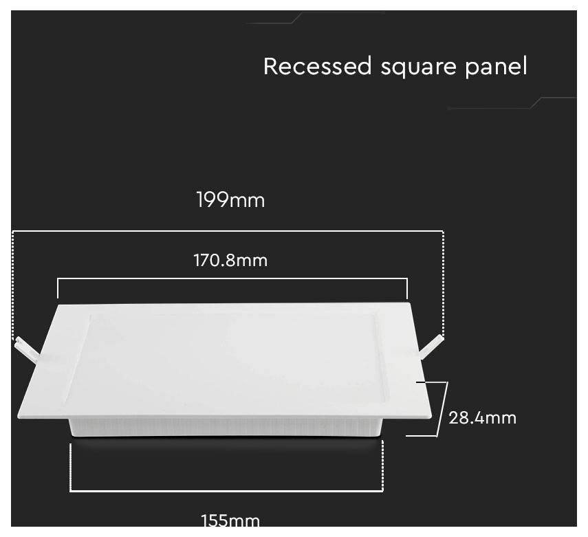 Eingelassenes quadratisches Panel mit Abmessungen: Länge 199 mm, Breite 155 mm, innere Länge 170,8 mm, Höhe 28,4 mm.