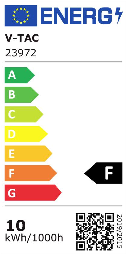 Energieetikett für Produkt V-TAC 23972 mit Energieeffizienzklasse 'F'. Energieverbrauch beträgt 10 kWh pro 1000 Stunden. Enthält einen QR-Code.