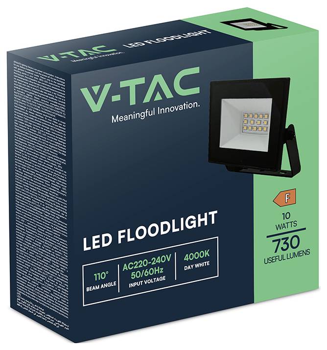 V-TAC LED-Scheinwerfer:<br>10 Watt, 730 Lumen, 110-Grad-Abstrahlwinkel, 4000K, geeignet für AC220-240V, 50/60Hz.