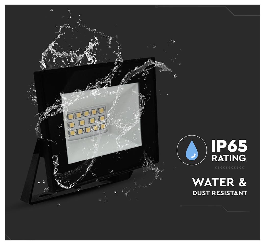 Eine LED-Leuchte wird mit Wasser bespritzt und zeigt dabei ihre IP65-Bewertung für Wasser- und Staubresistenz.
