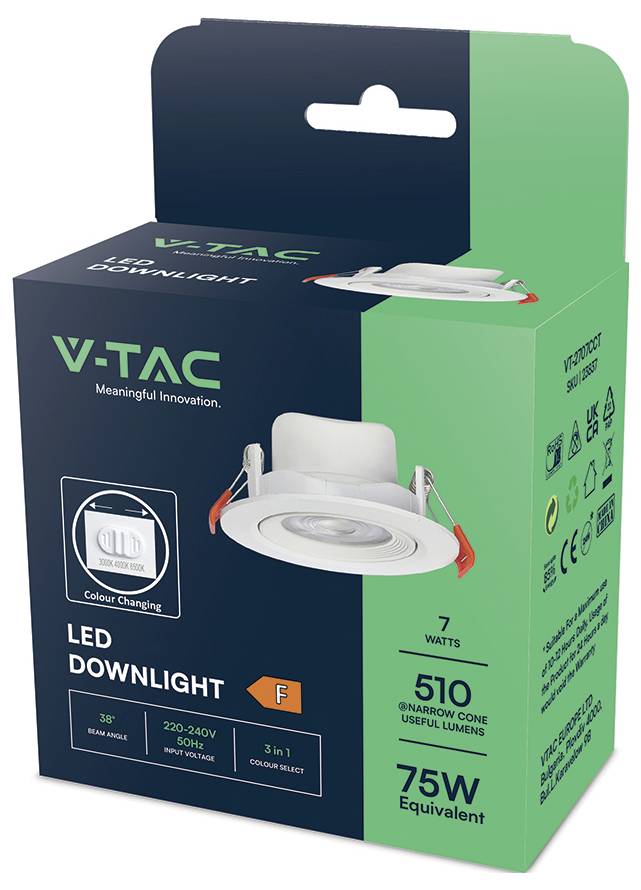 V-TAC LED Downlight Verpackung mit einer Farbwechsel-LED und folgenden Spezifikationen: 7 Watt, 510 Lumen, Äquivalent zu 75W, 3-in-1 Farbauswahl.