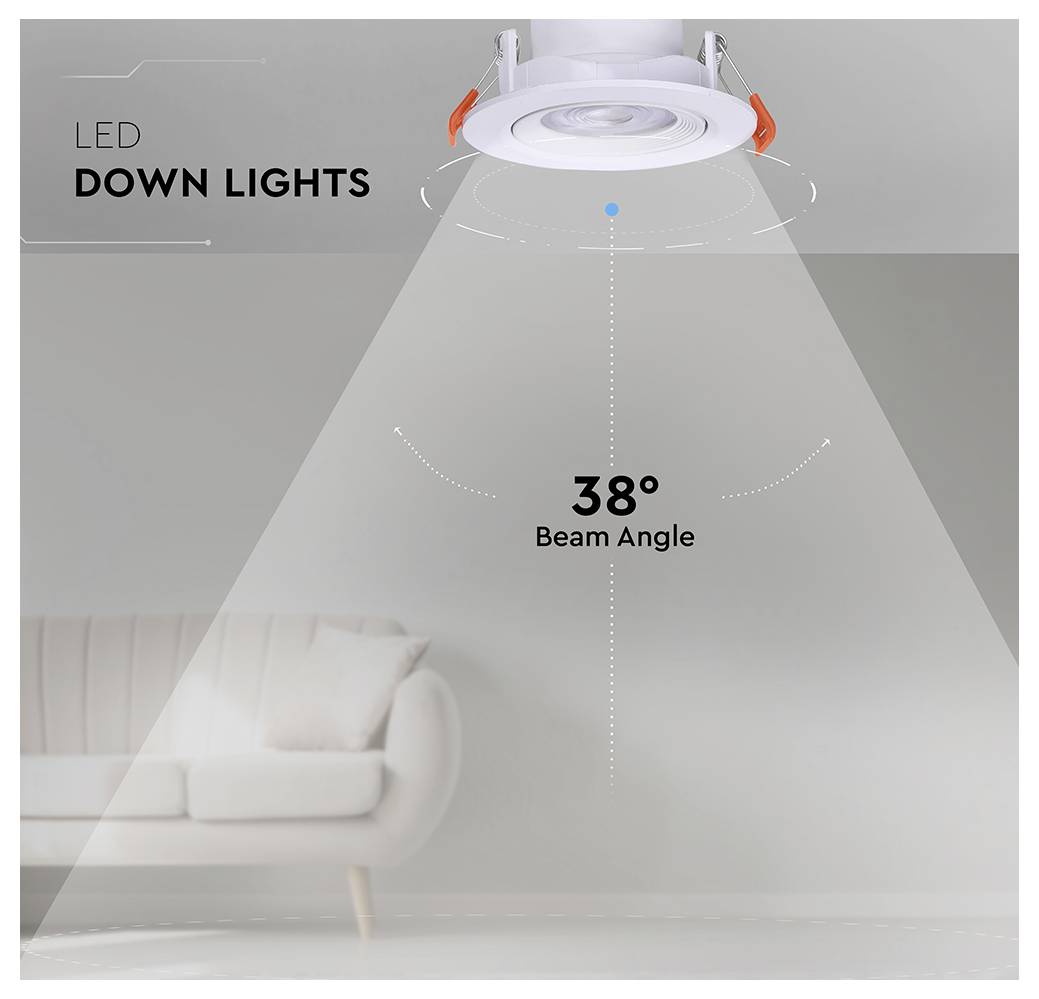 Eine moderne LED-Deckeneinbauleuchte mit einem 38-Grad-Abstrahlwinkel beleuchtet einen hellgrauen Raum mit einem weißen Sofa. Text lautet 'LED-Einbaustrahler'.