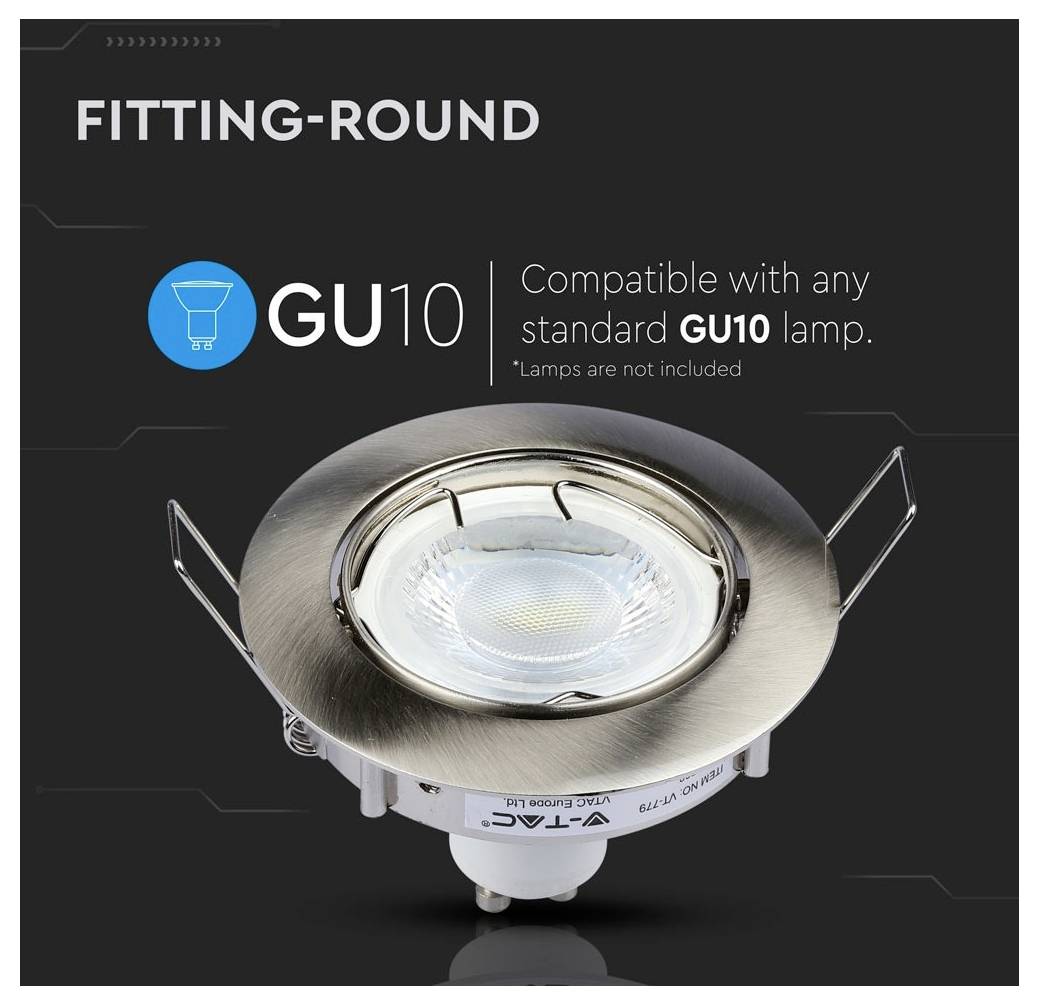 'Fitting-Rund: Kompatibel mit jeder standardmäßigen GU10-Lampe. *Lampen nicht im Lieferumfang enthalten.' Bild einer runden Lampenfassung für GU10-Lampen.