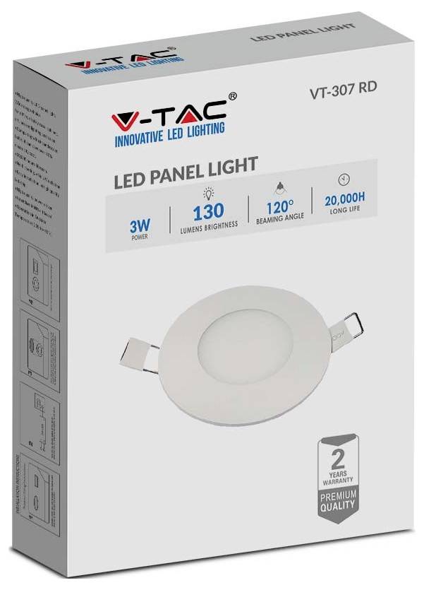 Verpackung der V-TAC LED-Flächenleuchte VT-307 RD mit folgenden Spezifikationen: 3W Leistung, 130 Lumen Helligkeit, 120° Abstrahlwinkel, 20.000h Lebensdauer.