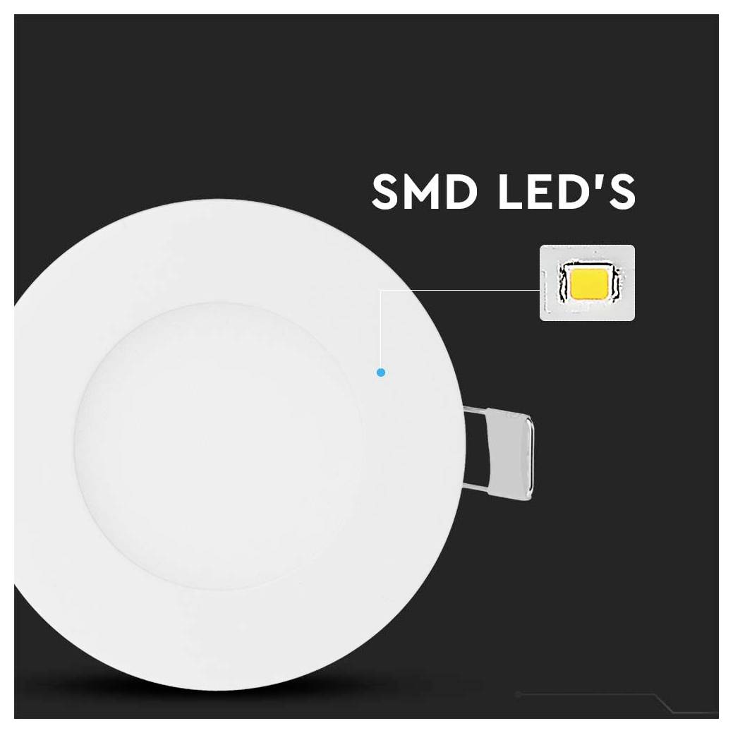 Eingelassene Deckenleuchte mit kreisförmigem Design, ausgestattet mit SMD LED, die Details der LED-Komponente für eine verbesserte Beleuchtungseffizienz zeigt.