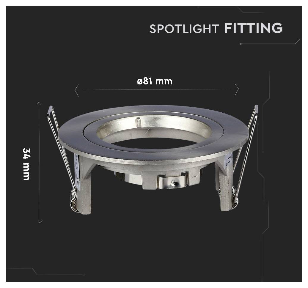 Einbauspot mit Abmessungen: Durchmesser 81 mm und Höhe 34 mm. Silberfarbene Ausführung mit verstellbaren Befestigungsklammern auf dunklem Hintergrund.