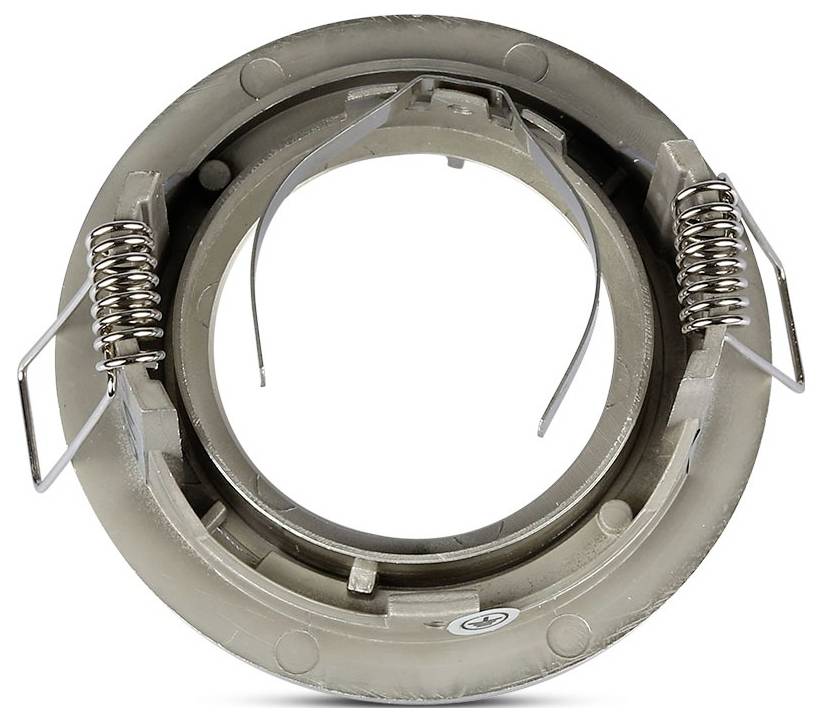 Eine kreisförmige Metallfassung für eine Deckeneinbauleuchte mit zwei seitlichen Federklemmen und einem zentralen Loch zur Montage einer Glühbirne.