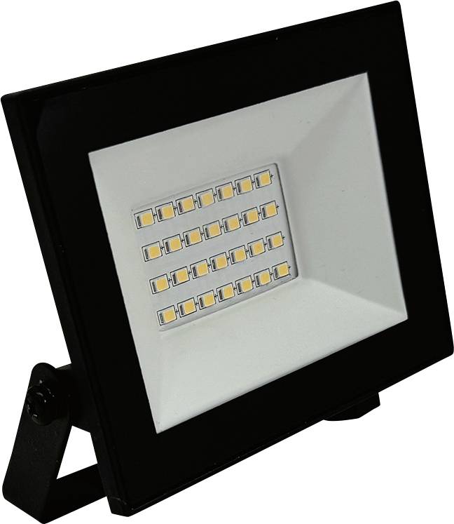 Rechteckiger schwarzer LED-Scheinwerfer mit mehreren kleinen quadratischen LED-Lämpchen, die in einem Gittermuster angeordnet sind, auf einer verstellbaren Halterung.