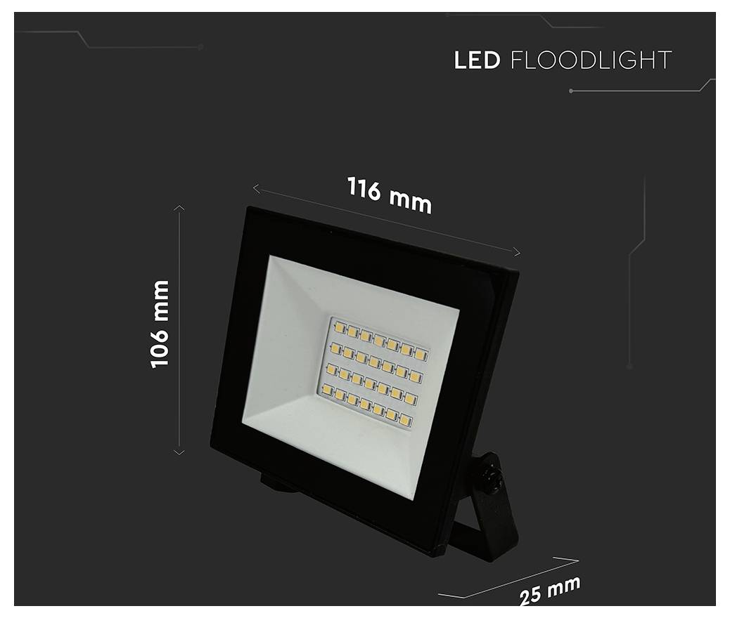 LED-Flutlicht mit Abmessungen: 116 mm Breite, 106 mm Höhe und 25 mm Tiefe.