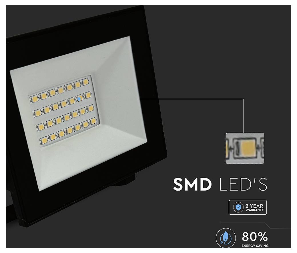 SMD LED-Licht mit '2 Jahre Garantie' und '80% Energieeinsparung' Symbolen.