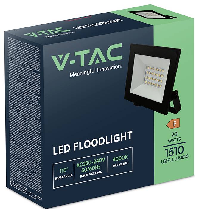 Boxverpackung einer V-TAC LED-Flutlicht, 20 Watt, 1510 Lumen, mit 'Meaningful Innovation', 110° Abstrahlwinkel, 4000K Tageslichtweiß.
