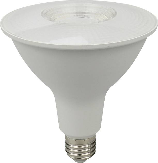 Eine weiße LED-Glühbirne mit Standard-Schraubsockel und breitem Kopf, die sich ideal für energieeffiziente Beleuchtungslösungen eignet.