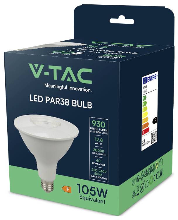 Das Bild zeigt die Verpackung einer V-TAC LED PAR38 Lampe, die als „105W Äquivalent