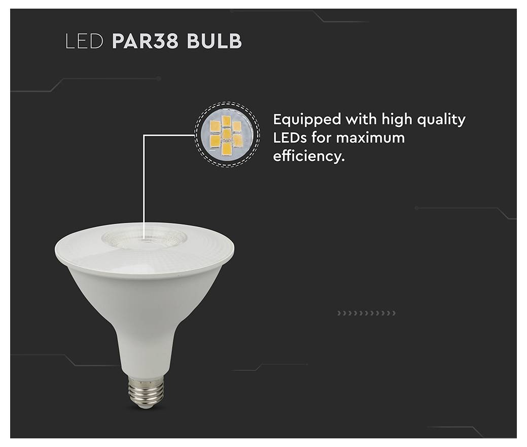Eine weiße LED PAR38-Lampe wird vor einem dunklen Hintergrund gezeigt. Text lautet: „Ausgestattet mit hochwertigen LEDs für maximale Effizienz.
